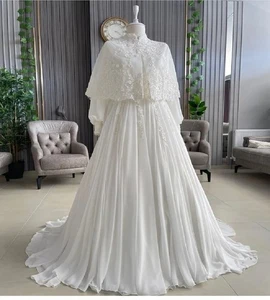 Elegante muslimische Brautkleider mit Cape Spitzenapplikation Boho Spitze Brautkleid - Bild 1 von 5
