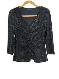 Tiana B Women’s Sz S Black V-Neck 3/4 Beaded Top With Front Ruching - Picture 1 of 7