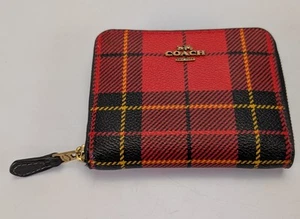 Coach Neuheit Schottenkaro-Druck umlaufender Reißverschluss Geldbörse rot schwarz Multi CF237B - Bild 1 von 8