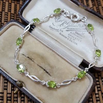 925 Sterling Silver Bracelet, Tennis Bracelet, Genuine Peridot Bracelet, 7.5" - Image 1 of 4