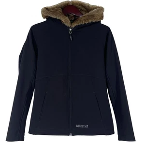 Marmot Furlong Soft Shell Jacket Womens L Black Full Zip Faux Fur Hoodie Pockets - Picture 1 of 10