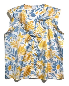 Liz Claiborne White Yellow and Blue Top with Ruffled Neckline, size XL - Picture 1 of 4