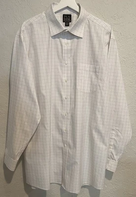 Camisa de vestir Jos A Bank Traveler's Collection blanca/marrón a cuadros de algodón 17,5-37 XL Foto 1 de 4