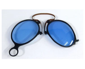Antique Blue Lens Folding Pince Nez Sunglasses Pinch Bridge Spectacles, Vtg Case - Picture 1 of 6