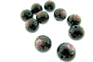 Hand Painted Black Beads with Rose Design for Stringing  Quantity 10 Size 10MM - Picture 1 of 2