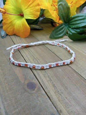 Natural Hemp Anklet with Orange Glass Beads 9.5 inches Hand Knotted Macrame - Image 1 of 4