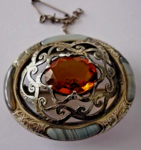 Viktorianische schottische Brosche Silber grau Achat und Citrin mit Sicherheitskette - Bild 1 von 11