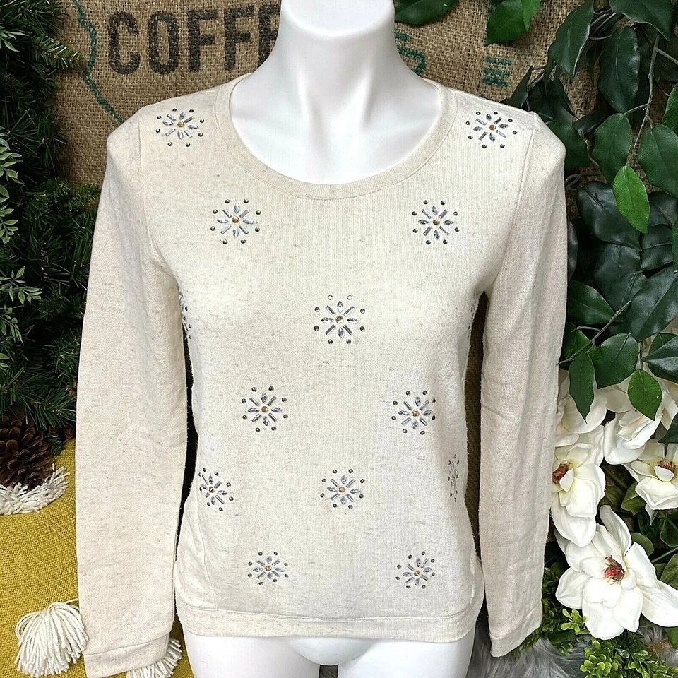 Eyeshadow Sweatshirt Women Small Rhinestone Exposed Zipper Work Office Snowflake - Image 1 of 4