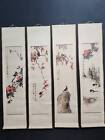 Chinese Hand Painted Four Screen Scroll Painting " Flower Bird " By Wang Xuetao 