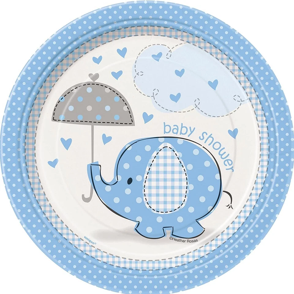 Guarda-chuva azul menino elefante fofo chá de bebê festa 7" pratos de sobremesa de papel - Imagem 1 de 1