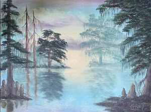 Swamp with Mossy Trees by Helen Emery - Original Oil Painting - Picture 1 of 3