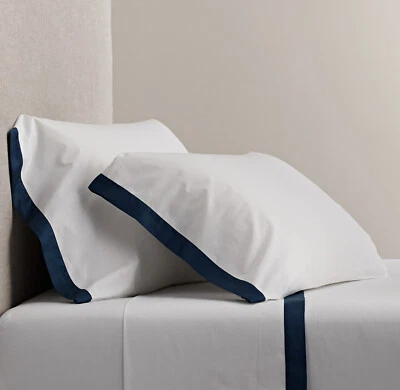 NUEVO JUEGO DE SÁBANAS DOBLES ALGODÓN BORDE AUDAZ ITALIANO HERRAJES RESTAURACIÓN BLANCO AZUL MARINO Foto 1 de 4