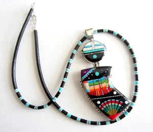 Southwest Micro Inlay Reversible YEI Pendant Necklace 19" Sterling Silver - Picture 1 of 9
