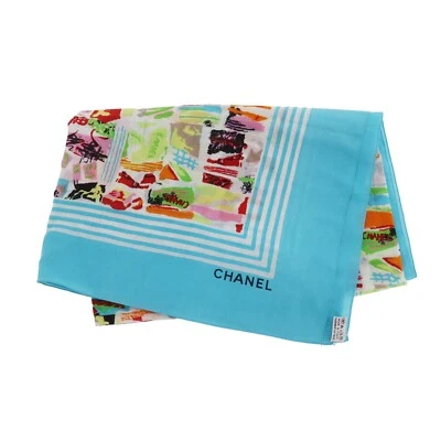 CHANEL Used CC Logos Large Scarf Stole Light Blue Multicolor Cotton #AG699 S - Image 1 of 4