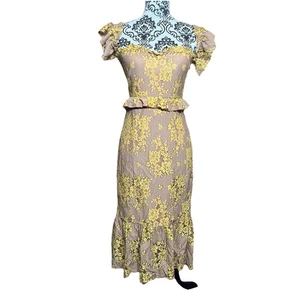 Vestido Majorelle Encaje Melocotón Beige Salmón Mangas Abullonadas Largo en T Satén Forrado talla S - Imagen 1 de 14