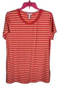 Isaac Mizrahi Live! Coral Beige Stripe Knit Top with Ladder Lace Neck Size M - Picture 1 of 13