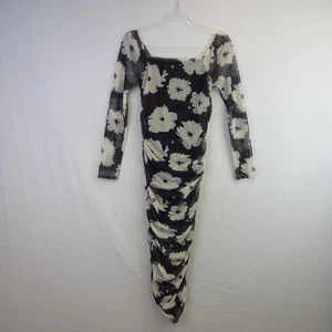 Topshop Dress Size 12 Brown White Floral Print Mesh Ruched Midi - Picture 1 of 6
