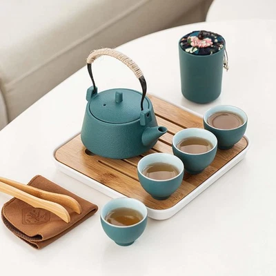 Travel Tea Set Porcelain Teapot 4 Cups Tea Art Utensils Bamboo Tea Tray Teaware - Image 1 of 4