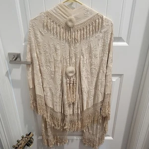 Antique Embroidery Hand Knotted Fringe Cape Shawl "Manton De Manilla" 1890s SILK - Picture 1 of 24