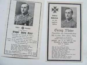 RARE Pair of Different WWII German Death Cards, Same Soldier, COLORED REV, Maier - Picture 1 of 2