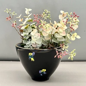 ARTIST-SIGNED Gilded BLACK FLORAL ART GLASS Footed Bowl Vase IRIDESCENT INTERIOR - Picture 1 of 16