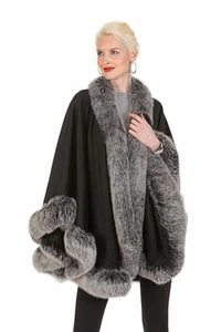 Frost Fox Fur Trimmed Cashmere Cape for Women Black - 30 - Picture 1 of 3