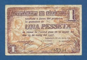 L'AJUNTAMENT DE SABADELL -- 1 PESETA (1937) -- BC -- 1st ISSUE. - Picture 1 of 2