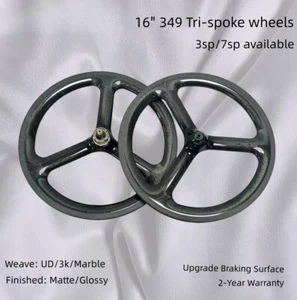 Carbon Fiber Road Folding Bike 3 Spokes Wheelset 16 Inch 349 Clincher Rim Brake - Picture 1 of 13