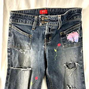 Mossimo Supply Co Junior Blue Jeans 3 Skinny Distressed Embroider Thrashed - Picture 1 of 15