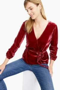 Blusa J.Crew 4 Prenda para el torso de terciopelo drapeado rojo sintético manga larga Nueva con etiquetas - Imagen 1 de 9