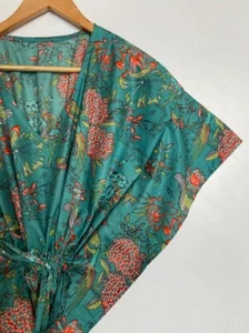 Indisches türkisgrünes Kaftan-Kleid mit Blumendruck Damenbekleidung Kaftan Badekleid - Bild 1 von 10