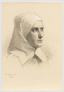 G. Querville - Französische Schule 1940 Kohlezeichnung, Porträt einer Nonne - Bild 1 von 5