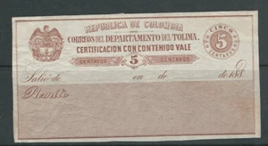 COLOMBIA 1880s INSURED LETTER STAMP CERTIFICACION CON CONTENIDO crackly gum - Picture 1 of 1