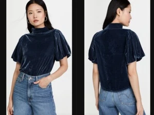 FREE PEOPLE BLUE Claudia Velluto Finto Collo Donna Manica Corta Bohemien Top Tg L - Foto 1 di 11