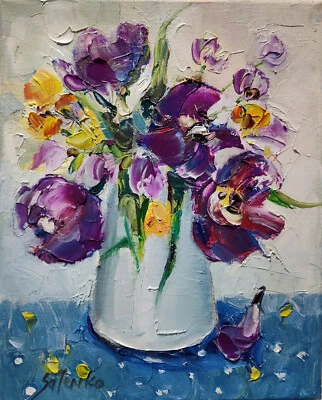 Original oil painting 8"x10" Still life Tulips FlowersImpasto Impressionism Art - Image 1 of 4