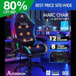 ALFORDSON Gaming Stuhl Büro 12 RGB LED Massage Computersitz Stoff Schwarz - Bild 1 von 12
