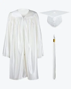 GraduationMall glänzend weiß Kindergarten Mütze, Kleid & Quaste Gr. 33 (4'0" - 4'2") - Bild 1 von 4