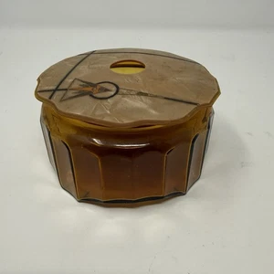 Vintage Amber Glass Hair Receiver With Celluloid Native American Design Lid - Picture 1 of 8