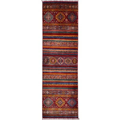 Handmade (2'9" x 8'2") Striped Khorjin Afghan Tribal Veg Dye Wool Runner Rug - Image 1 of 4