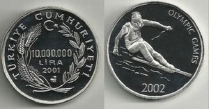 2001 Turkey Large Silver Proof 1000000 lira Winter Olympics Downhill Skier - Picture 1 of 1