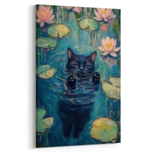 Schwarze Katze schwimmt friedlich im Wasser Kunstdruck Poster Leinwandbild - Bild 1 von 14