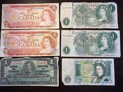 1937 $1 1974 $2 Canada & 1970's £1 England YOUNG QUEEN & KING 6 Banknotes - Image 1 of 4