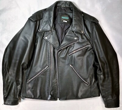 CHAQUETA MOTOCICLISTA TRES BOLSILLOS CUERO NEGRO PEERLESS GARMENTS GRANDE Foto 1 de 4