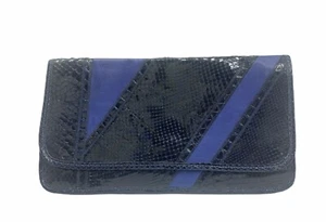 Vintage Carlos Falchi Blue Leather Snakeskin Flap Clutch - Picture 1 of 9