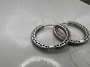 PANDORA SPARKLE AND HEARTS HOOP EARRINGS, STERLING SILVER, S925 ALE - Picture 1 of 4