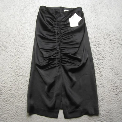 Sandro Skirt Womens 36 Black Ruched Satin Midi Back Slit Hidden Zip H23GABY - Image 1 of 4