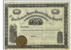 SAN ANDREAS COPPER MOUNTAIN MINING CO(CAMDEN NJ)....1883 STOCK CERTIFICATE#86 - Picture 1 of 1