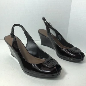 Clarks Heels Womens Size 9.5 Wedge Dark Brown Peep Toe Slingback Buckle D2 - Picture 1 of 15