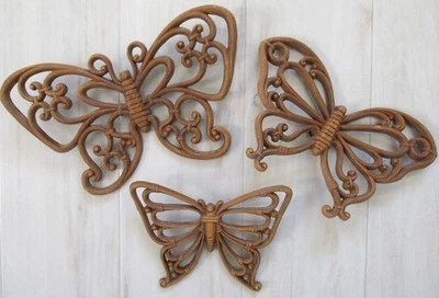 Винтажный 1978 бабочка стены декор набор из 3 коричневый ротанг вид смолы Homco Dart - Изображение 1 из 4