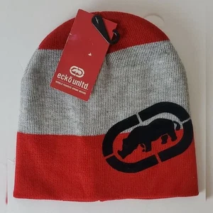 ECKO UNLTD AUTHENTIC COLORBLOCK BEANIE HATS MEN'S RHINO LOGO OS RED/GREY - Picture 1 of 4